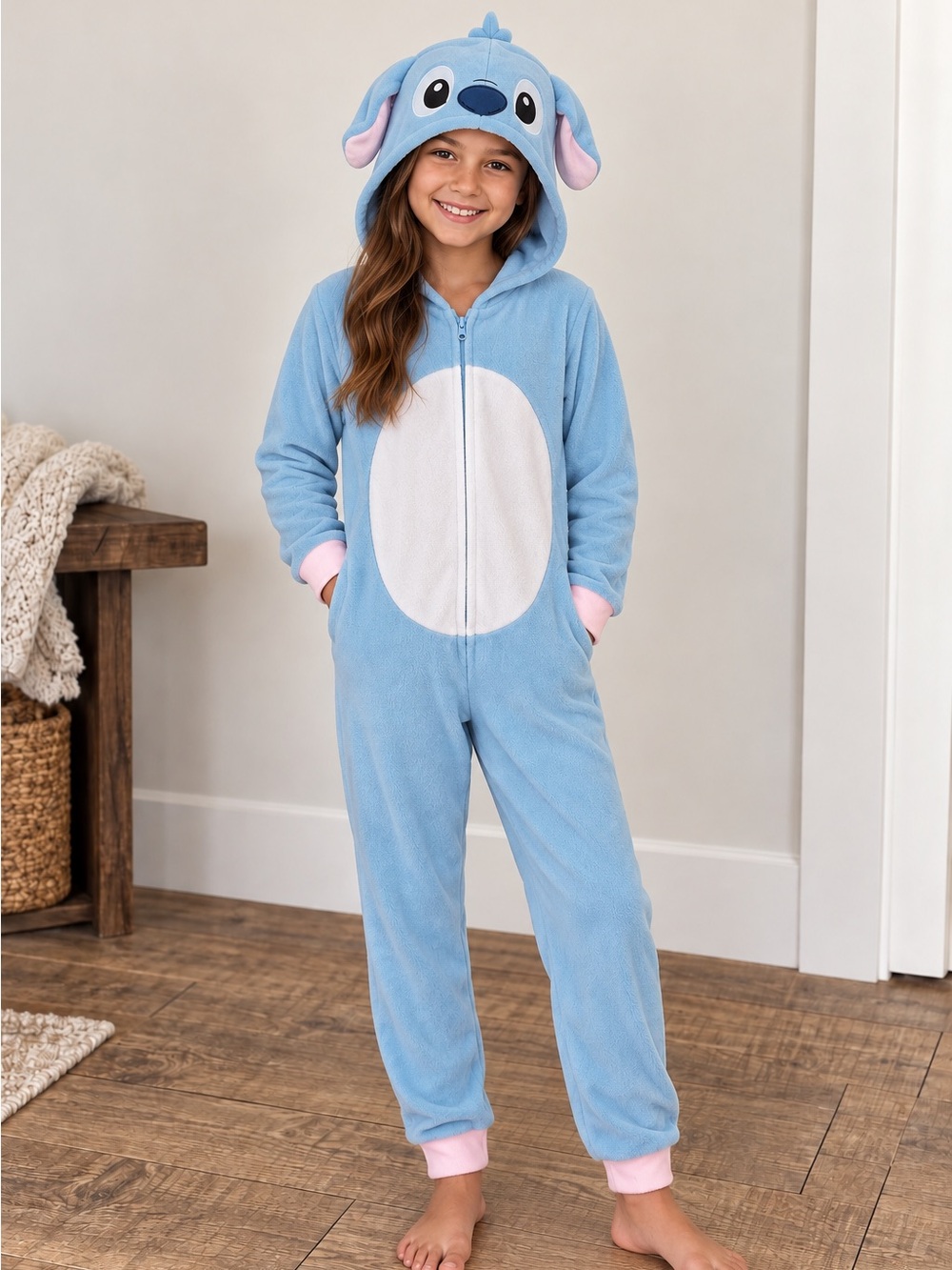 Disney Stitch Hooded One Piece Pajamas Kids 10/12 Blue Fleece Costume Sleeper